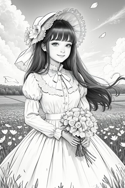 Outline drawing young girl holding flowers cartoon anime lineart black and white manga illustration