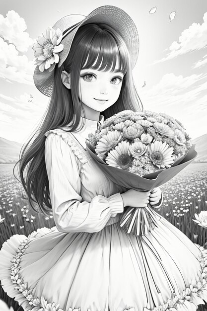 Outline drawing young girl holding flowers cartoon anime lineart black and white manga illustration