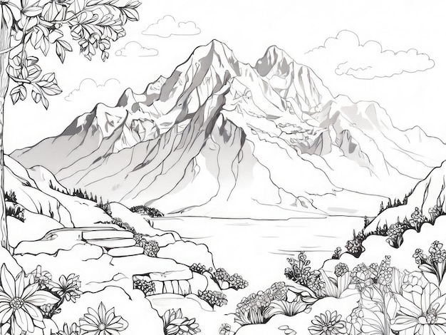 outline drawings of a Mountain Black and White