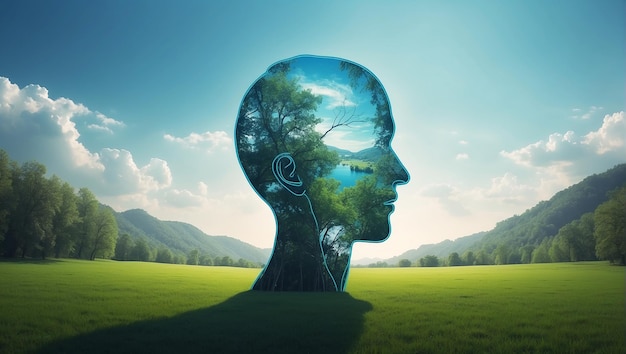 Outline of a human head containing a serene landscape background