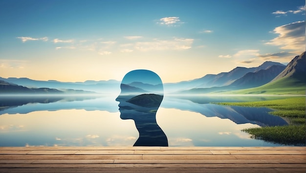 Photo outline of a human head containing a serene landscape background
