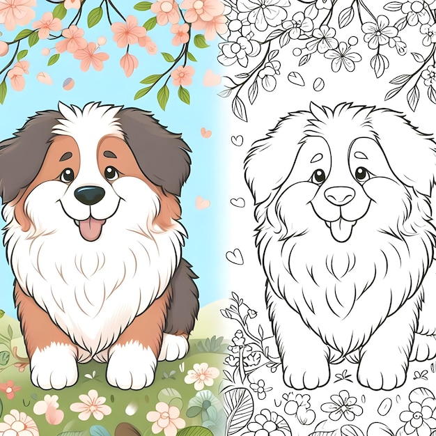 Outline illustration of dog for coloring book page Spring background Coloring card for kids