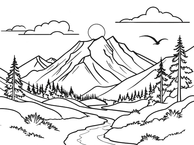 An outline image of a hill with sun