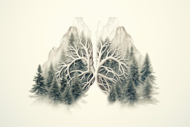 The outline of the lungs contrasting with a mountain scenery symbolizing the essential role of trees