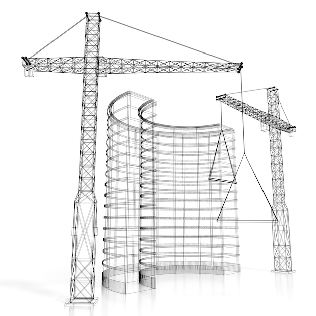 Контур офисного здания и строительных кранов 3D иллюстрация