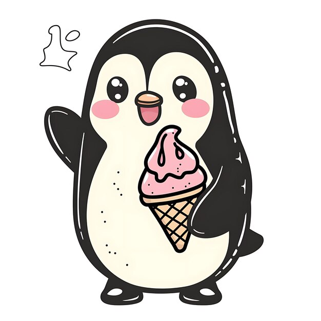 Outline of Penguin Holding an Ice Cream Cone Black Outline Color Pink I Clipart Tattoo Tshirt Art