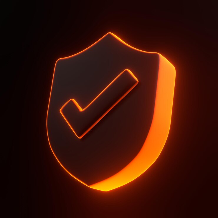 Photo outline shield shape with tick symbol with bright glowing orange neon lights on black background 3d