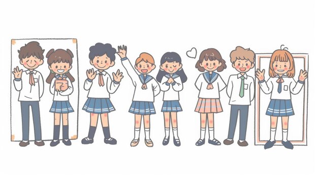 An outline simple modern illustration shows students in school uniforms making positive gestures