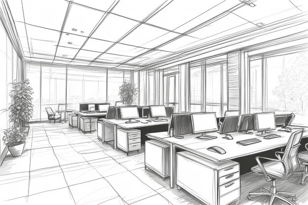 Outline sketch drawing of a interior space office