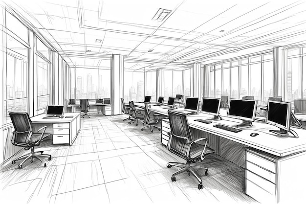 Outline sketch drawing of a interior space office