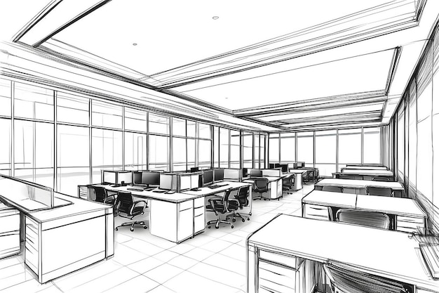 Outline sketch of a interior office area with clipping path