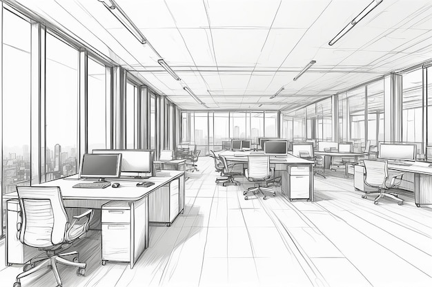 Outline sketch of a interior office area with clipping path