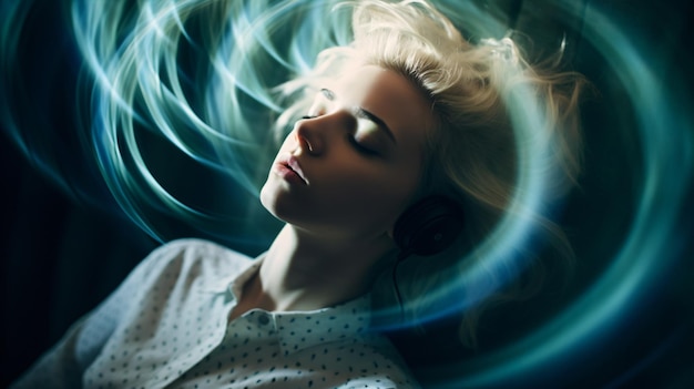 An outoffocus image portrays a woman in the midst of a vertigo dizziness or inner ear health concern