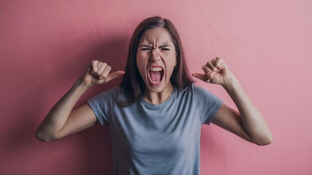 Outraged woman yells from rage gestures angrily looses temper being annoyed with something hate