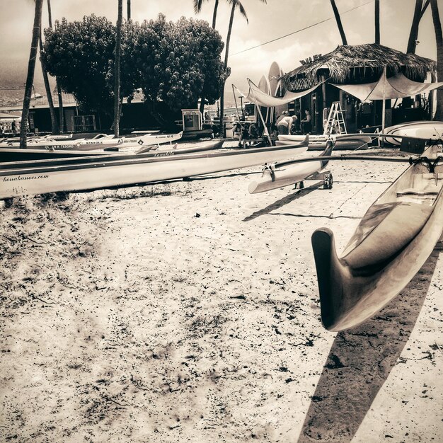 Photo outrigger canoes moored at beach