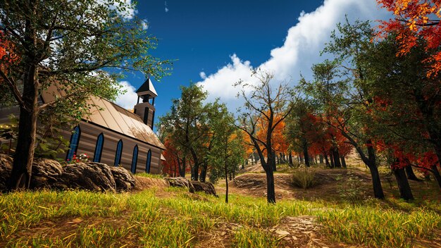 Outside american church with natural environment 3D render