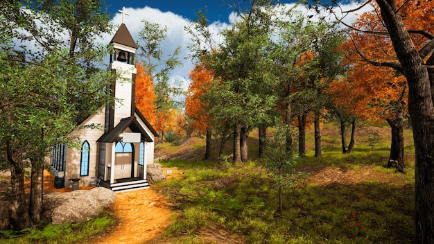 Снаружи американской церкви с 3D рендерингом природной среды