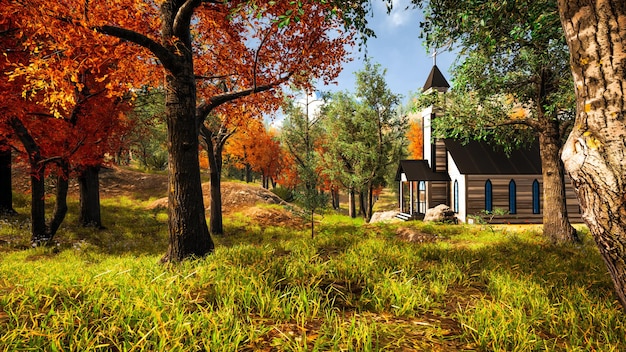 outside american church with natural environment 3d render
