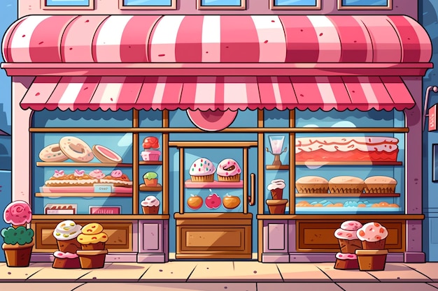 The outside of a bakery shop building or restaurant street landscape with signboard in cartoon style