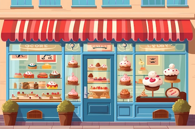 Photo the outside of a bakery shop building or restaurant street landscape with signboard in cartoon style