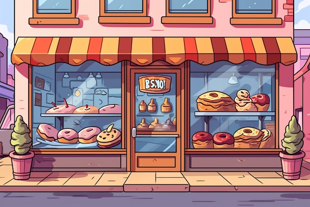 The outside of a bakery shop building or restaurant street landscape with signboard in cartoon style