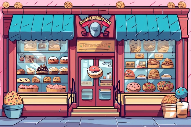 漫画風の看板が付いたパン屋の建物やレストランの通りの風景の外側