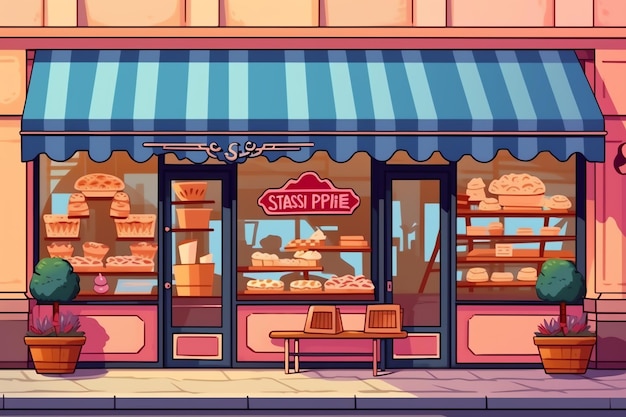 The outside of a bakery shop building or restaurant street landscape with signboard in cartoon style