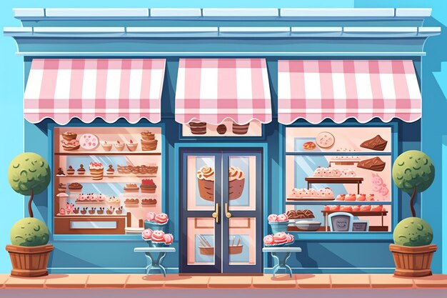 The outside of a bakery shop building or restaurant street landscape with signboard in cartoon style