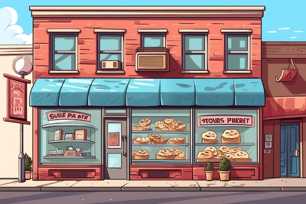 The outside of a bakery shop building or restaurant street landscape with signboard in cartoon style