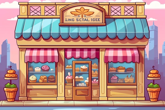 The outside of a bakery shop building or restaurant street landscape with signboard in cartoon style