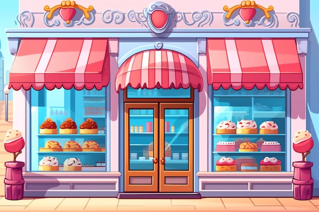 The outside of a bakery shop building or restaurant street landscape with signboard in cartoon style