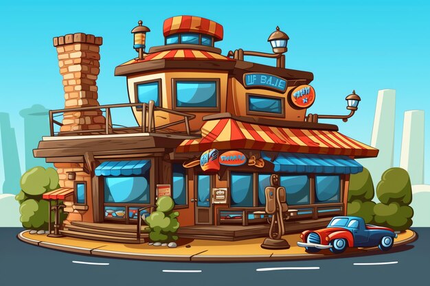 The outside of a bakery shop building or restaurant street landscape with signboard in cartoon style