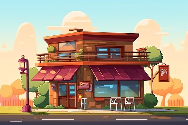 Photo the outside of a bakery shop building or restaurant street landscape with signboard in cartoon style