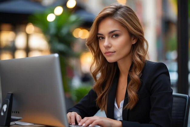 Foto fuori dal caffè un giovane professionista che usa un computer