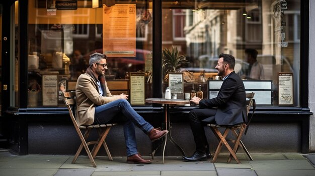 Outside of a coffee shop in London a homosexual pair converses using Generative AI