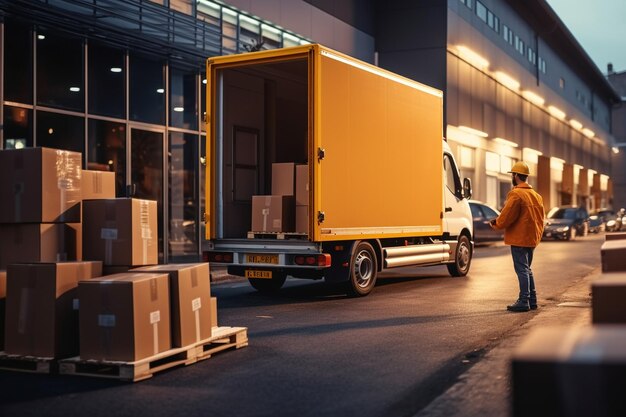 Photo outside of logistics distributions warehouse delivery van worker unloading cardboard boxes on hand truck online orders purchases ecommerce goods food medical supply evening shot