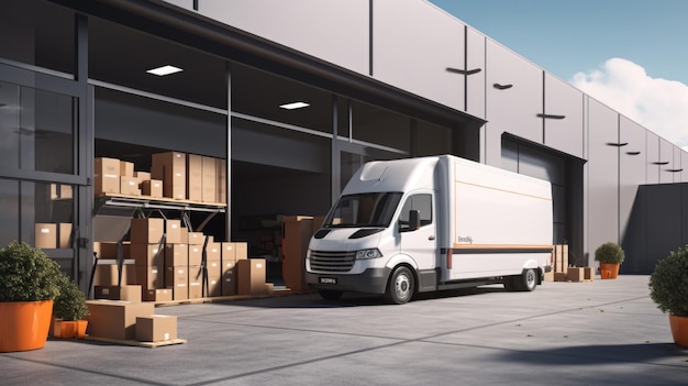 Outside of Logistics Warehouse Delivery Van Loaded with Cardboard Boxes Created with Generative AI technology