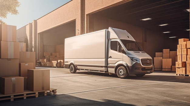 Outside of Logistics Warehouse Delivery Van Loaded with Cardboard Boxes Created with Generative AI technology