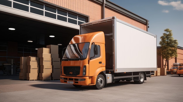 Photo outside of logistics warehouse delivery van loaded with cardboard boxes created with generative ai technology