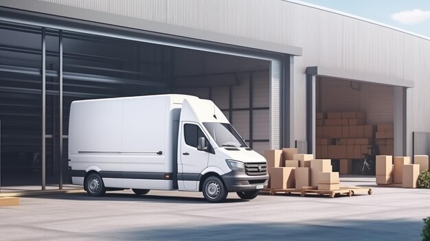 Photo outside of logistics warehouse with open door delivery van with open doors loaded with cardboard box