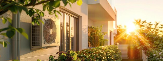 Photo outside of a modern energy efficient house with a heat pump in the warm sunlight coming through the trees and plants