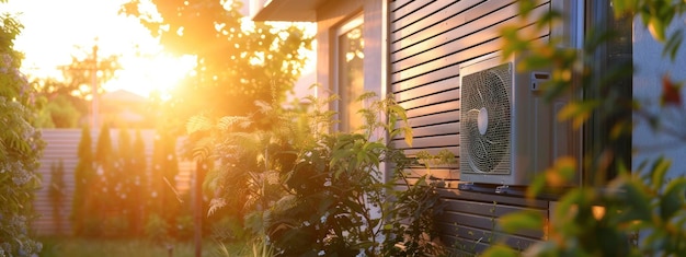 Outside of a modern energy efficient house with a heat pump in the warm sunlight coming through the trees and plants