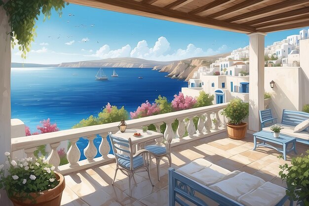 A outside scene on a terrace in greece with a view of the ocean and buildings beautiful scenery