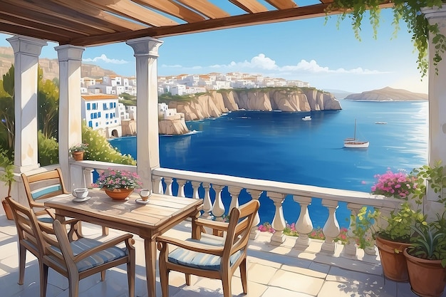 그리스의 테라스에서 바다와 건물의 아름다운 풍경을 볼 수 있는 야외 장면
