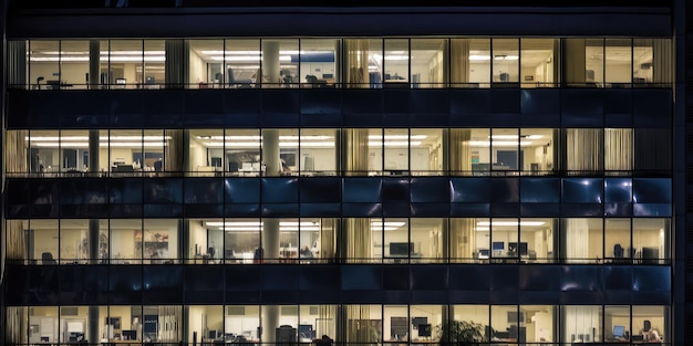 Outside view of office building at night many window with business people working inside Generative AI AIG18