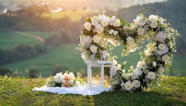 結婚式の背景はハートで 飾り付けはバラの束です