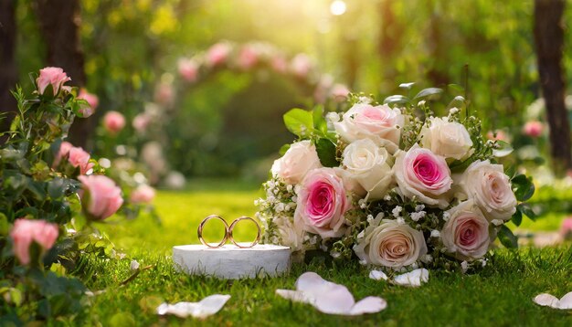 밖의 결혼식 배경은 잔디에 핑크색 꽃줄이 있고 반지가 있습니다.
