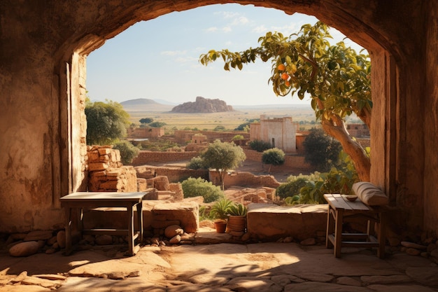 Outside the window an small oasis with coconut trees and grass in the endless large desert