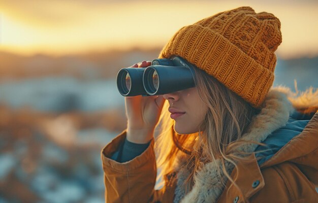 Photo an outside woman using binoculars