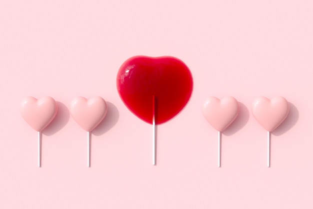 Outstanding Melt Red Heart Shape of Candy lollipop with pink heart spapes on pink background. 3D Render. Minimal Valentine Concept Idea.